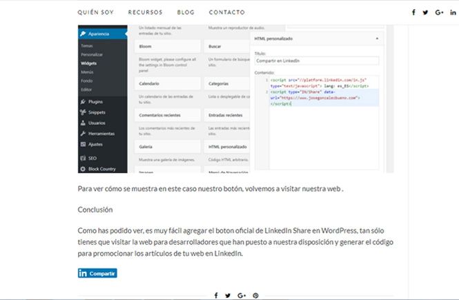 Agregar el boton oficial de LinkedIn Share en WordPress al final de nuestros artículos