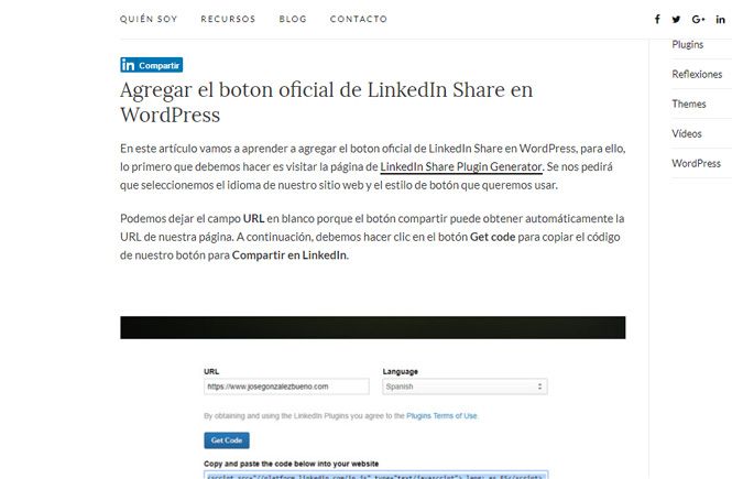 boton oficial de LinkedIn Share en WordPress