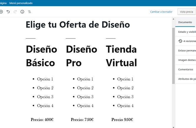 Estructura para crear una Price Table con Gutenberg